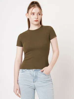 Women Slim Fit Sepia Crop Rib T-Shirt