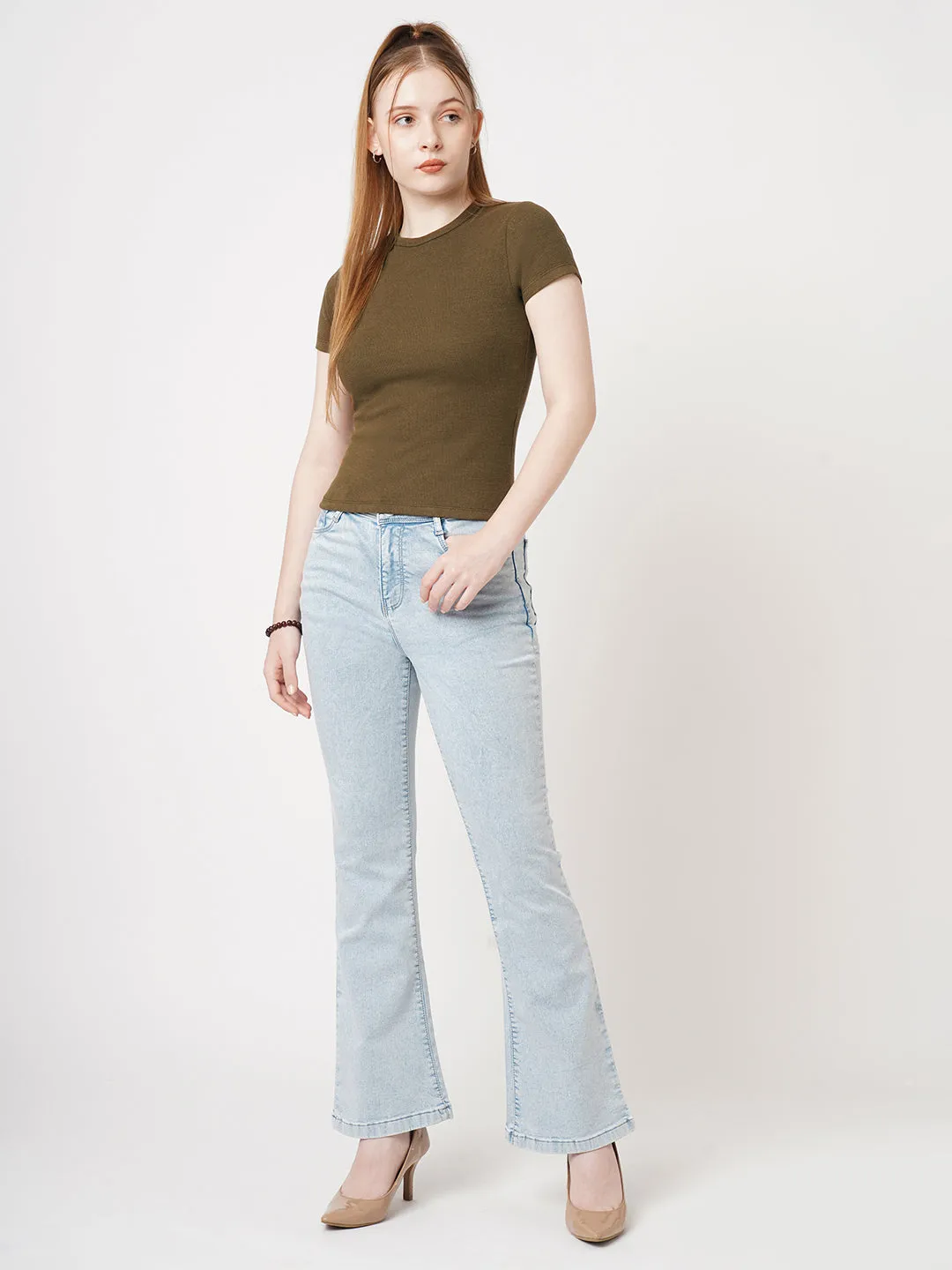 Women Slim Fit Sepia Crop Rib T-Shirt