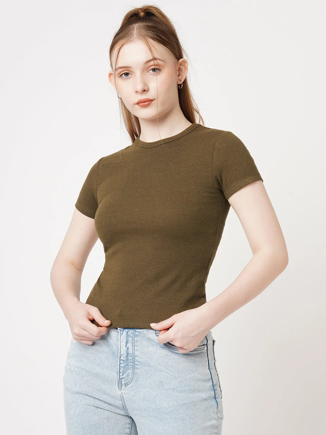 Women Slim Fit Sepia Crop Rib T-Shirt