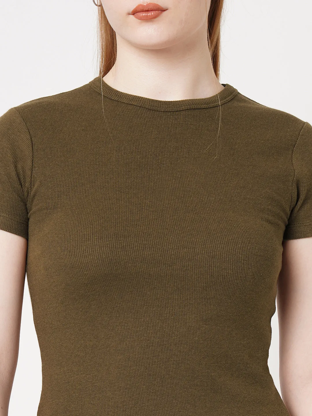 Women Slim Fit Sepia Crop Rib T-Shirt