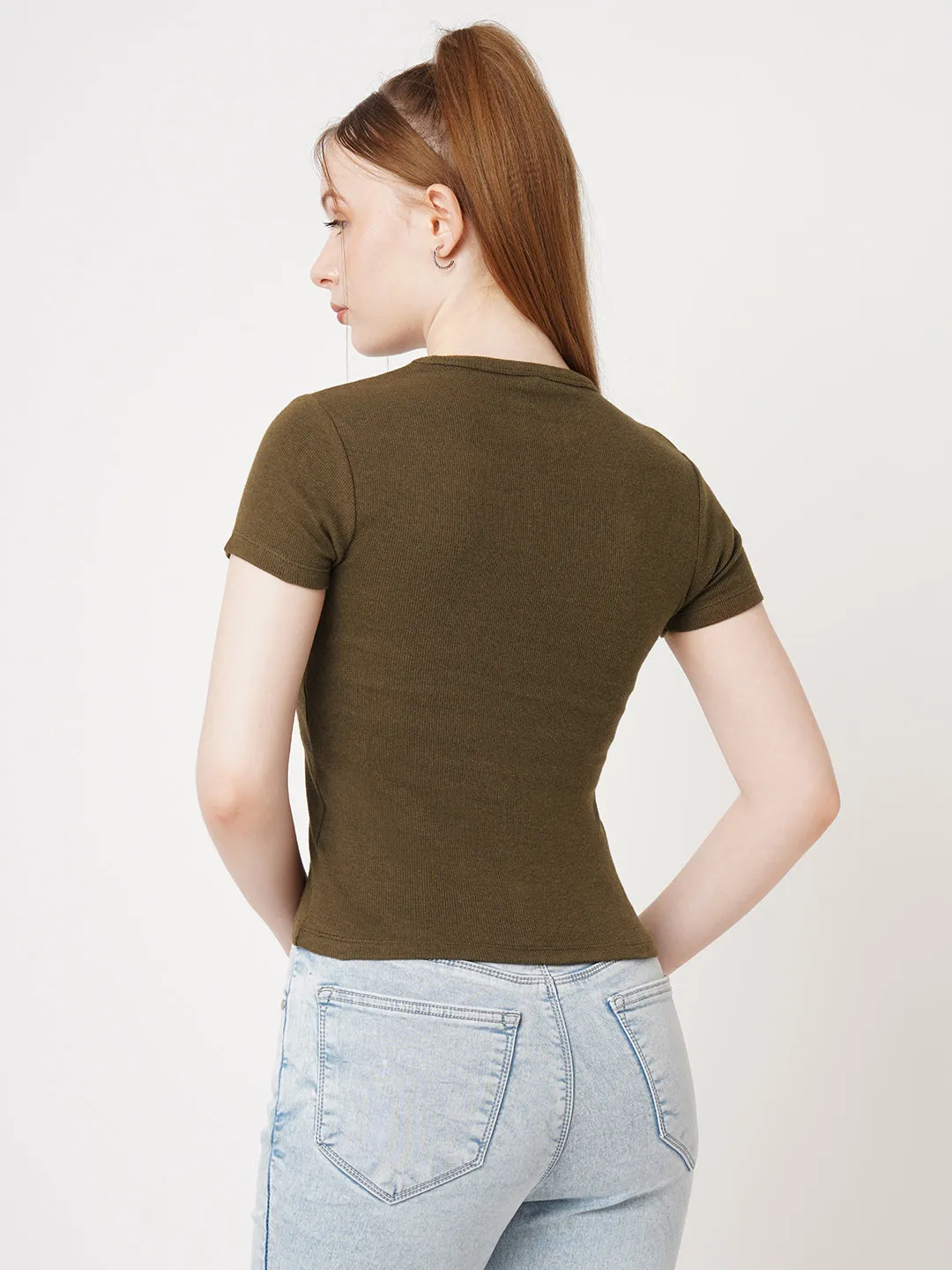 Women Slim Fit Sepia Crop Rib T-Shirt