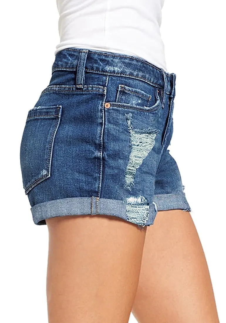 Women's High Waisted Rolled Hem Distressed Jeans Ripped Denim Shorts