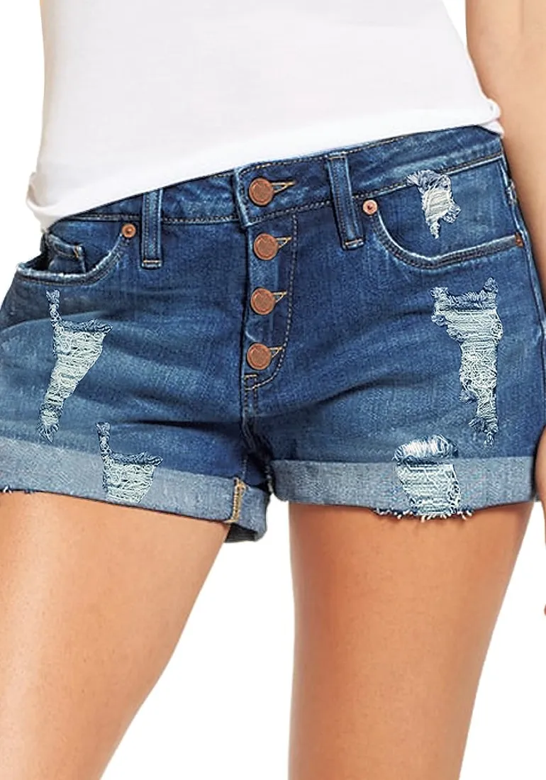 Women's High Waisted Rolled Hem Distressed Jeans Ripped Denim Shorts