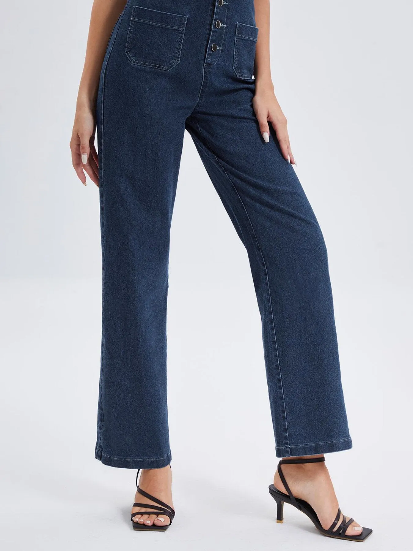 Women's Pocket Button Straight Leg Denim Jumpsuits