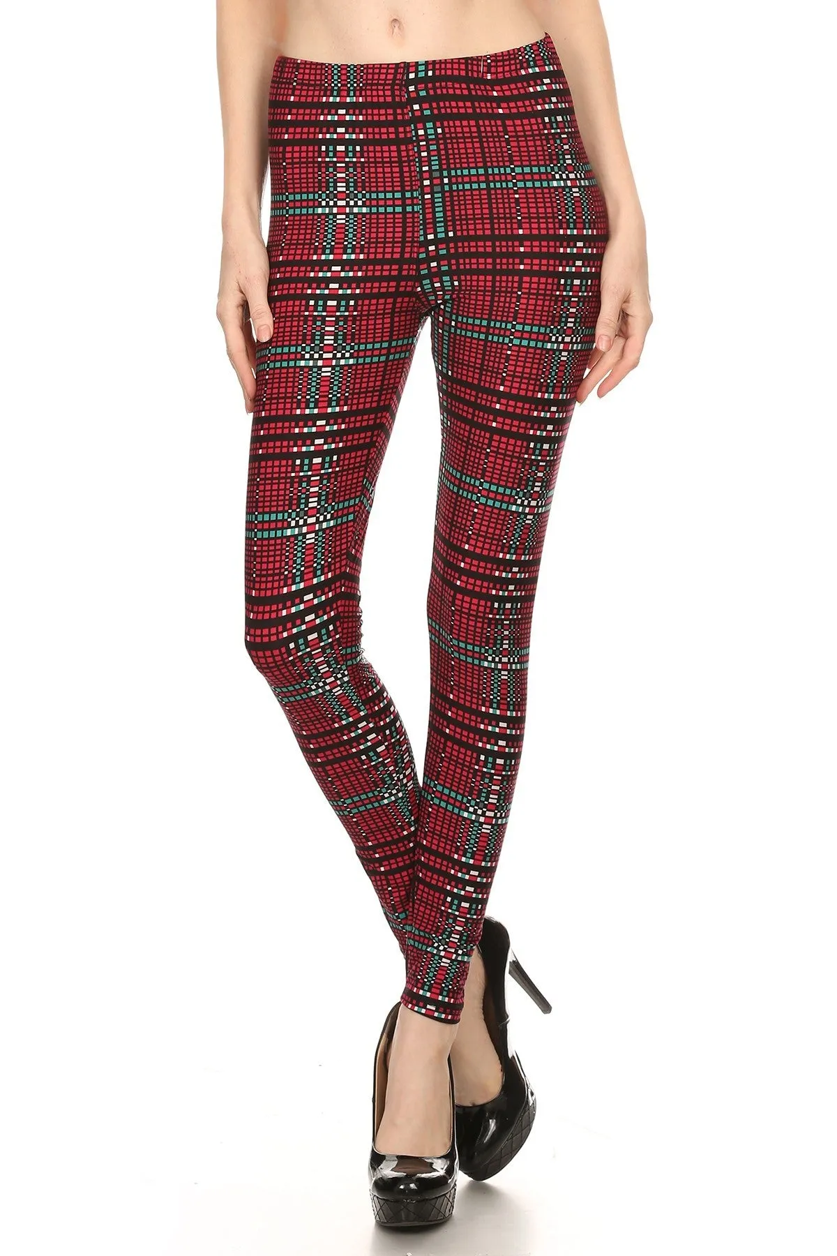 Women's Regular Burgundy Digital Plaid Pattern Printed Leggings